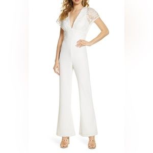 White Embroidered Bodice Flare Leg Jumpsuit - Size Small - Wedding/Bride Events